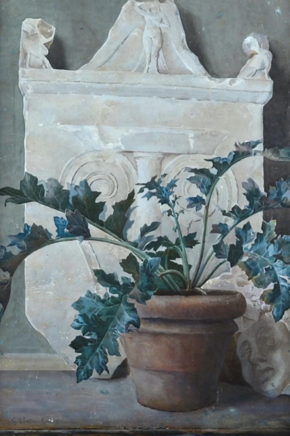 Natura morta con pianta e rovine